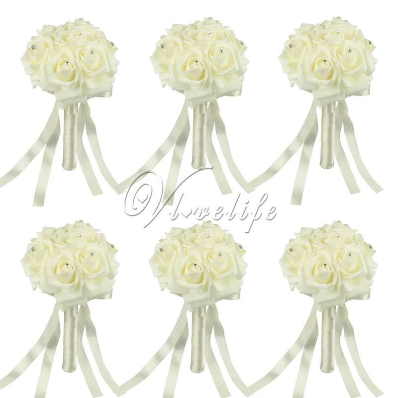 6 шт. Свадебный букет невесты Искусственные цветы розы из пены с шелковыми