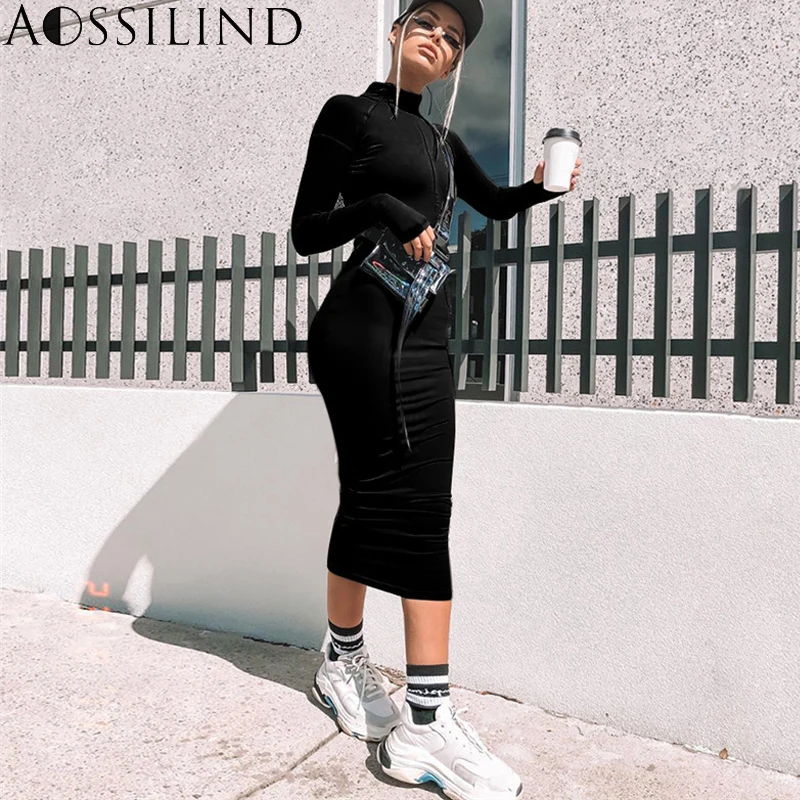 Женское облегающее платье водолазка AOSSILIND повседневное средней длины на молнии с