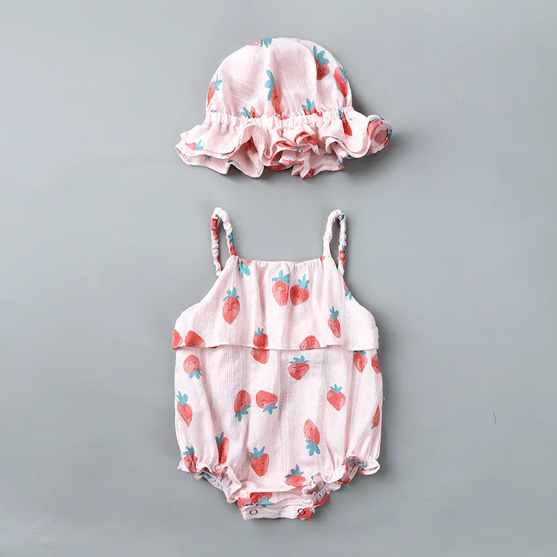 

WASAILONG Summer new female baby strawberry suspenders 0-3 baby with hat cotton onesies