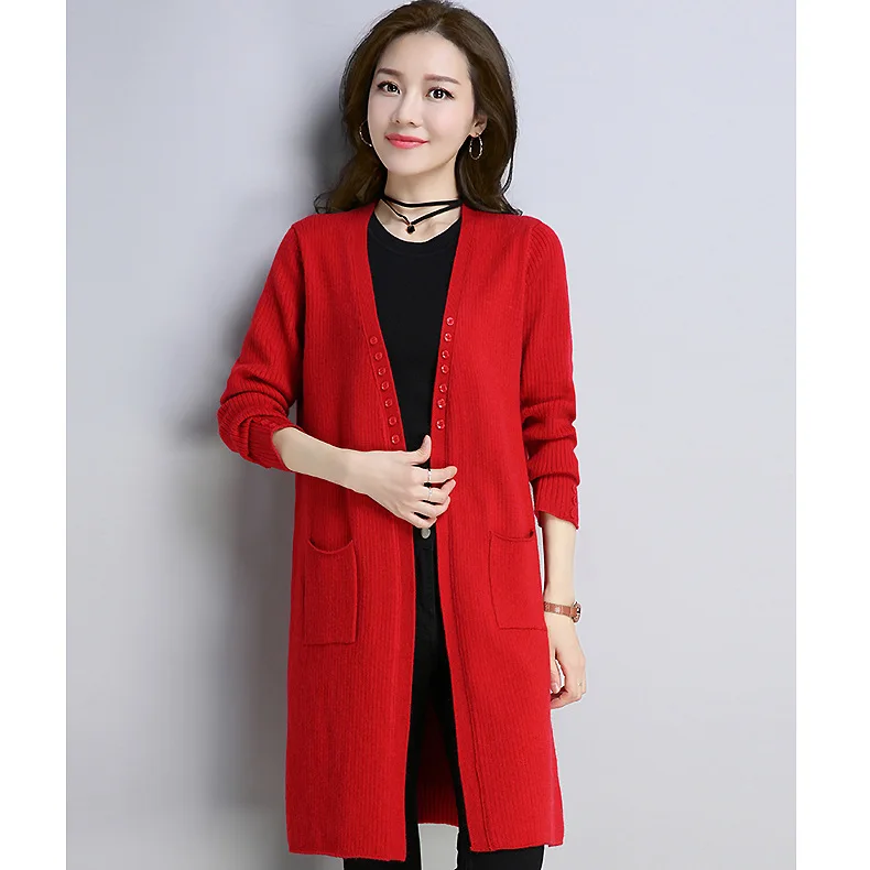 Red Длинный женский кардиган, модный, v-образный вырез, карманы, пуговицы, длинный рукав, вязанные топы, женская вязаная одежда, Осенний тонкий женский кардиган, свитер - Цвет: Red