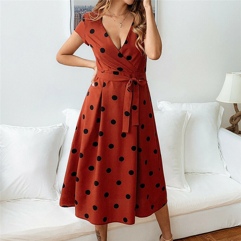 Новые женские шикарные Boho горошек длинное платье 2019 с коротким рукавом