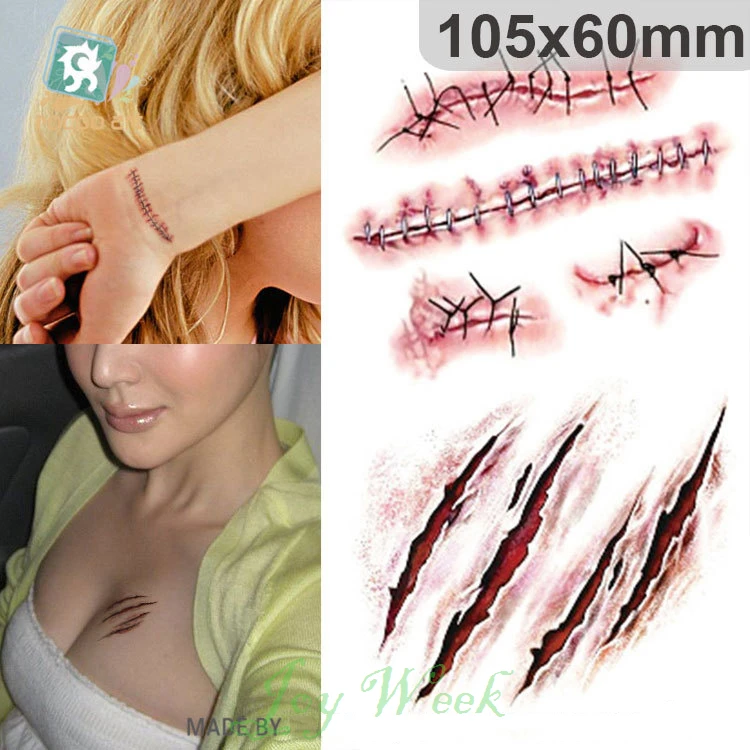 

Waterproof Temporary tattoo sticker 3D incised wound sewed halloween tatto stickers flash tatoo fake tattoos for men girl