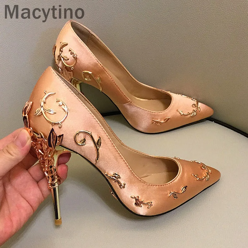 

Macytino Fashion Wedding Party Shoes Woman Gold white Red pointed toe Pumps Metal Decoration Leaves Silk thin High Heels Shoes