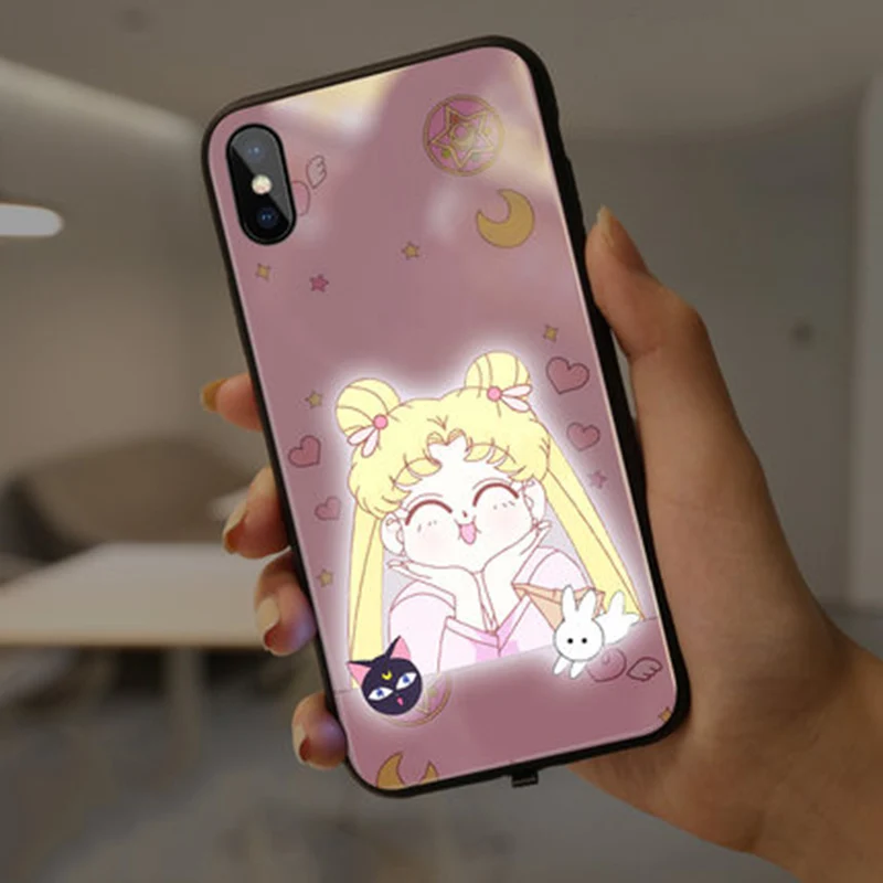 EKIND Сейлор Мун закаленное стекло чехол для iPhone X XS XSMAX Led логотип флэш-стекло чехол для iPhone защитный чехол для телефона