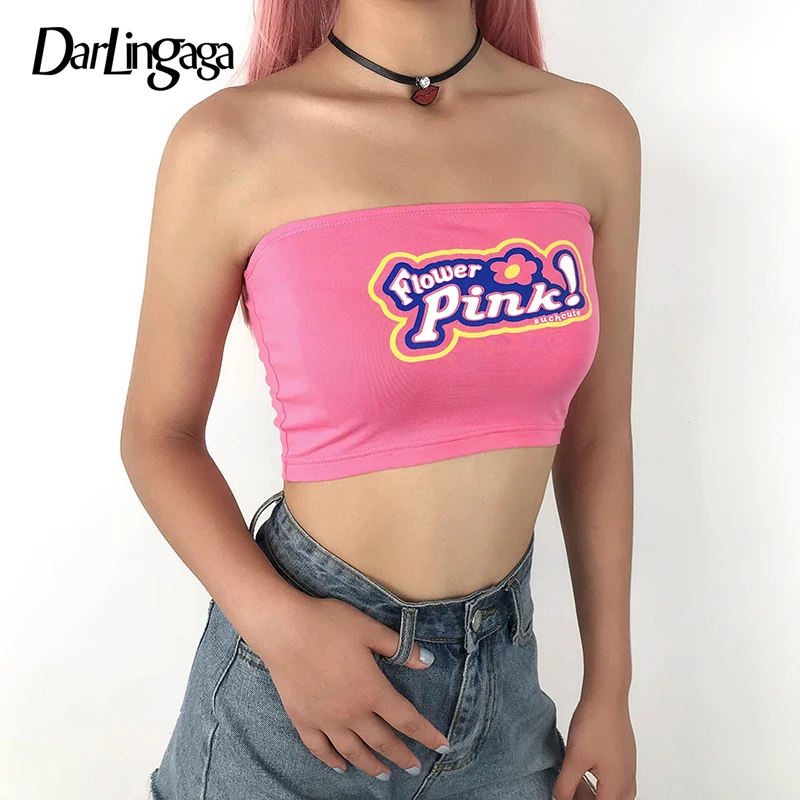 Darlingaga Harajuku хлопковый розовый милый Топ без бретелек с буквенным принтом, повседневные Летние укороченные топы, короткий тонкий топ на бретелях для женщин