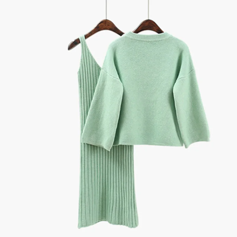 Mint Green 2 шт., вязаные комплекты, модный свитер, тонкое платье+ трикотажные пуловеры, корейский женский свитер с рукавом три четверти и круглым вырезом, топы - Цвет: Mint Green
