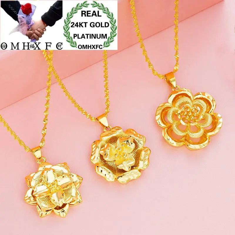 

OMHXFC Wholesale European Fashion Woman Girl Party Birthday Wedding Gift Hollow Flower 24KT Real Gold Charm Pendant PN144