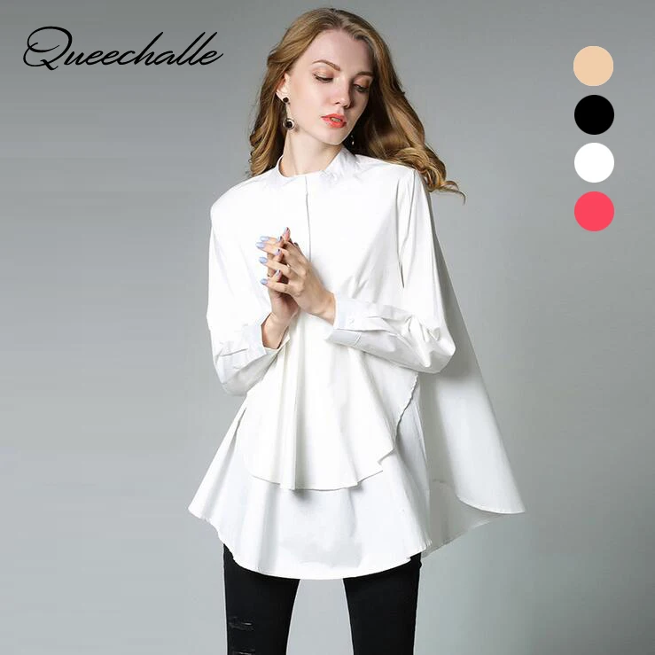 European Top design Big size Women's A line loose shirt 2017 Autumn asymmetrical Long sleeve Women Shirts 3XL Black White color|long women