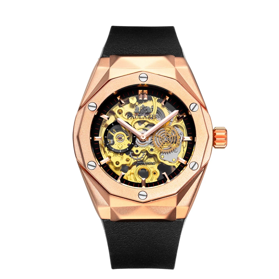 Rose Gold Мужские автоматические механические Спортивные часы с резиновым ремешком, розовое золото, серебро, черный чехол - Цвет: Rose Gold
