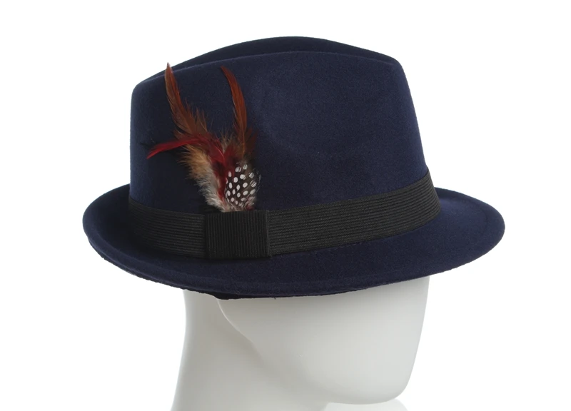Fedoras для мужчин Fedoras для женщин осень зима унисекс чистый цвет перо джаз шапка pour les femmes - Цвет: Navy Blue