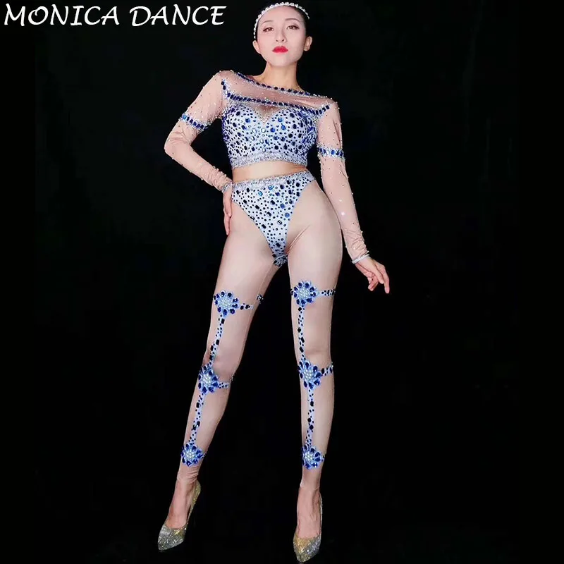 

Sexy Sparkly Blue Rhinestones Stretch Spandex Jumpsuit Birthday Party Dance Bodysuit Celebrate DJ Women Singer Show Jumpsuit