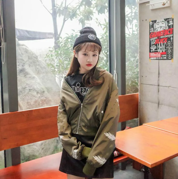 2017 Новая Мода Перо Печати Бейсбол Куртка Свободные Тонкий Стенд Ошейник С