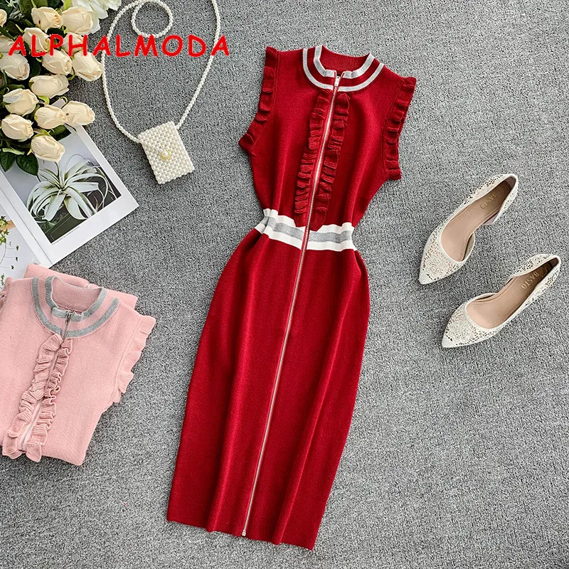 ALPHALMODA 2019 Ретро вязаное платье с плиссированной отделкой на молнии без рукавов