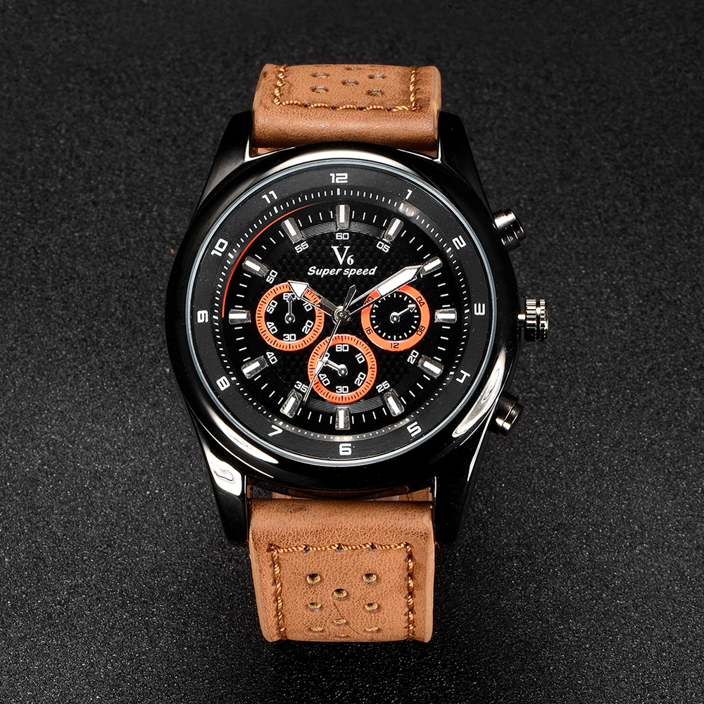 Модный Топ V6 бренд Мужские кварцевые наручные часы кожаный ремешок черный корпус