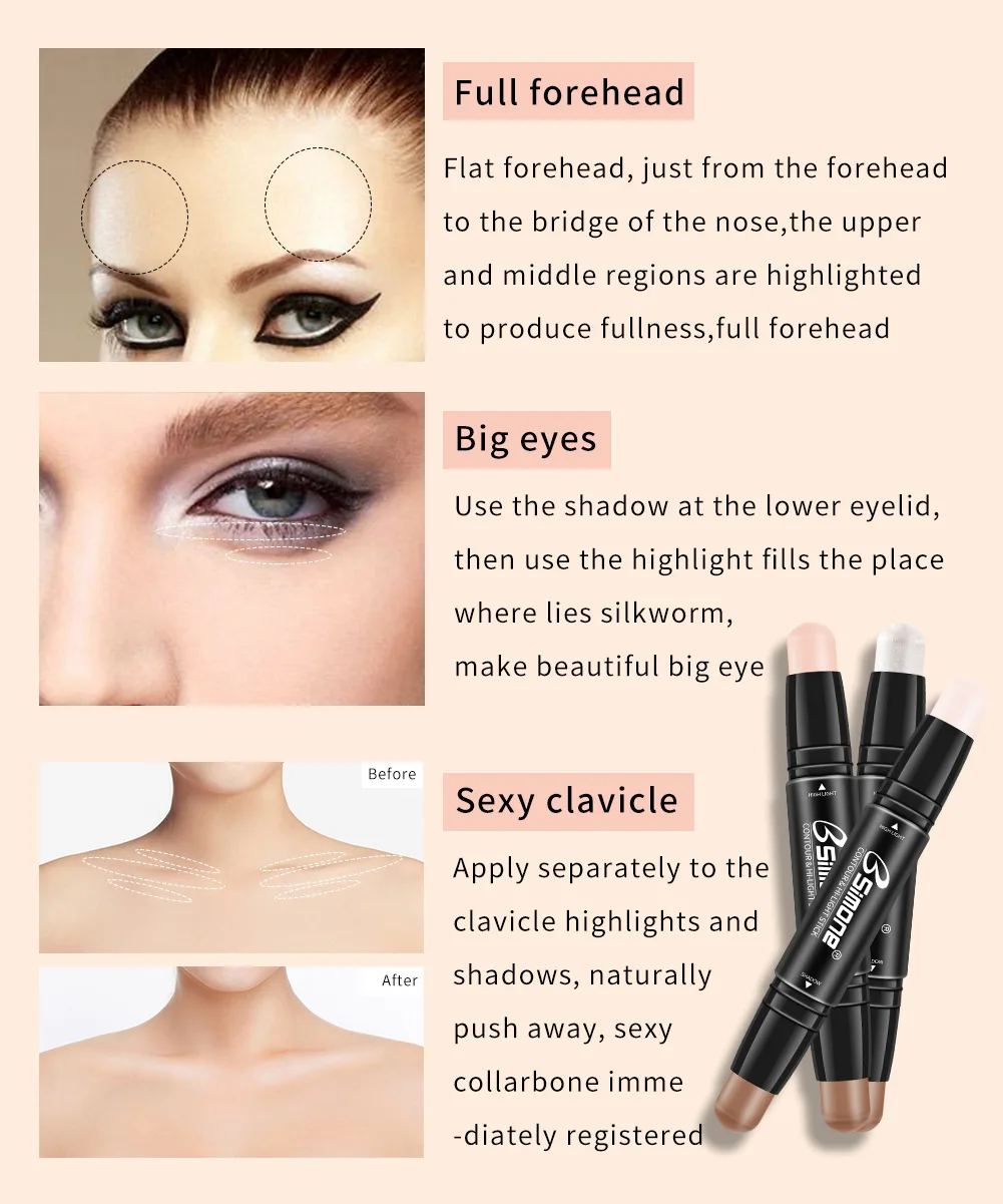 Double Head 3D Bronzer Highlighter Stick Face Makeup Concealer Pen Foundation Stick Cream Texture Contour Pencil Cosmetic TSLM1