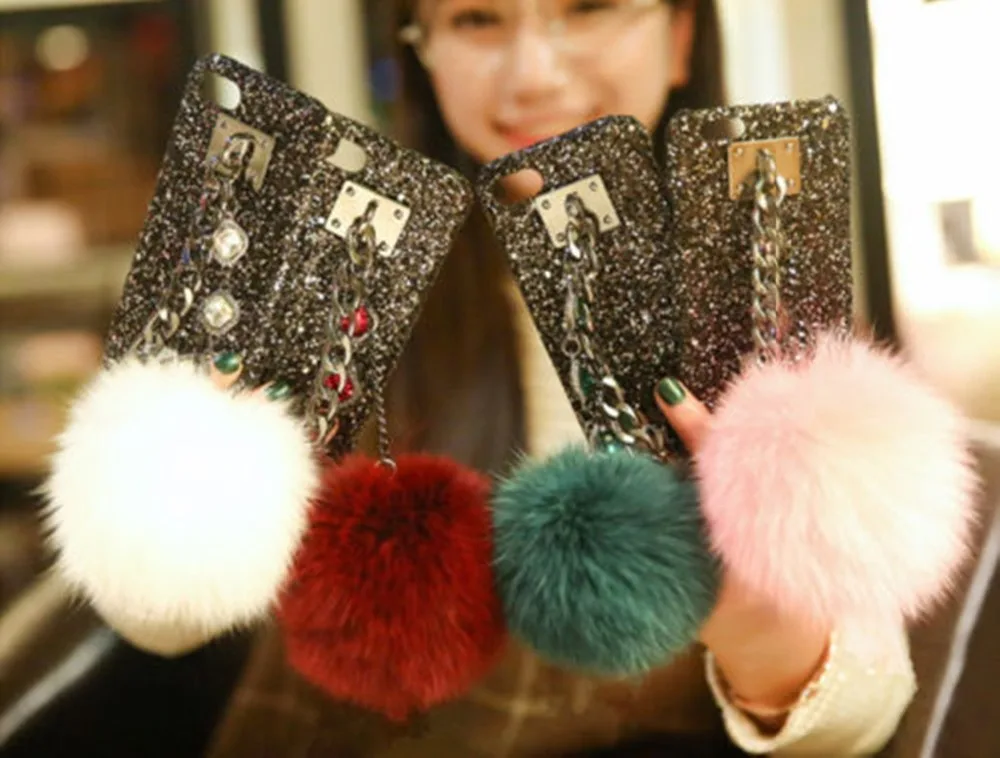 1 шт. Bling чехол для iphone 6 6s 7 8 8 плюс драгоценный металл цепи держатель горный хрусталь кристаллы лисий мех мяч чехол для телефона для iphone X
