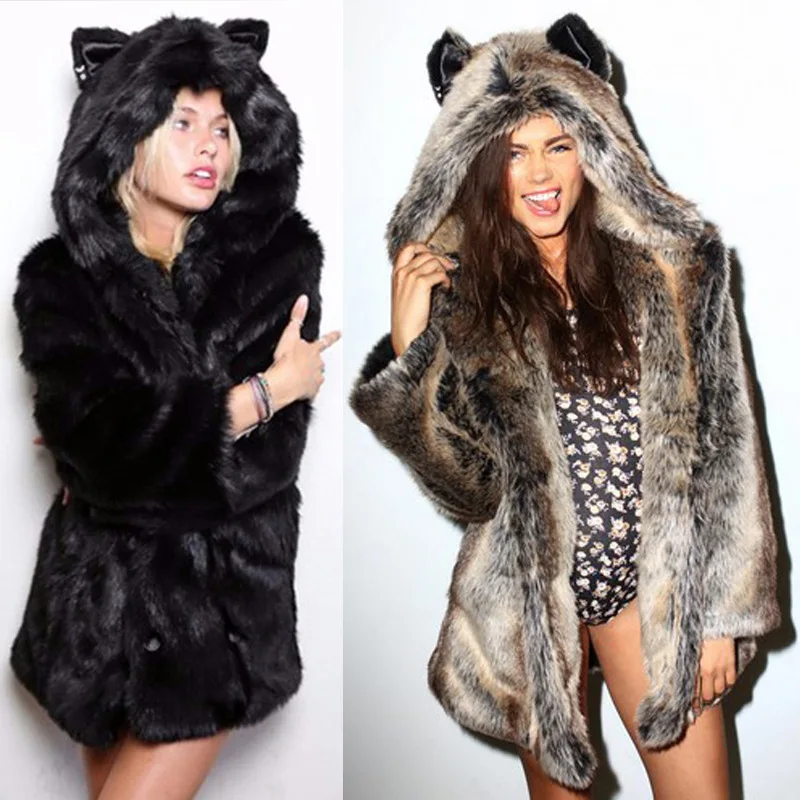 

Autumn Winter Imitation Fur Coats Street Style Hooded With Wolf Ears Faux Fur Coats Long Section Fashion Fake Fur Outwears D455