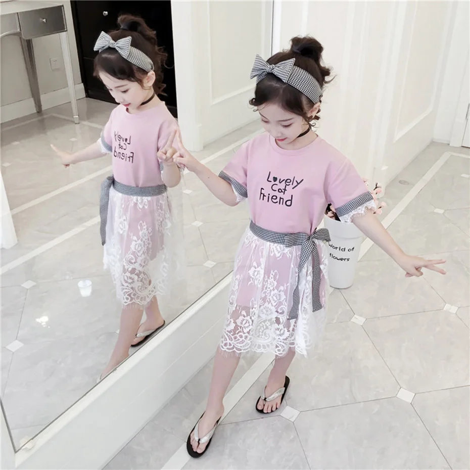 Dresses For Girls Patchwork Kids Lace Party Dress Letter Pattern Teenage Summer Clothes Girl 6 8 10 12 | Детская одежда и обувь