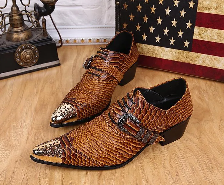 Мужские туфли из натуральной кожи со змеиной кожей и золотым верхом | Обувь