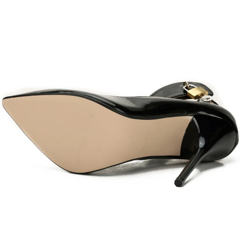 

Crossdresser Sexy Stiletto Plus:40-47 48 Padlock zapatos mujer Pointed Toe Ankle Strap shoes woman 12cm metal thin heels Pumps