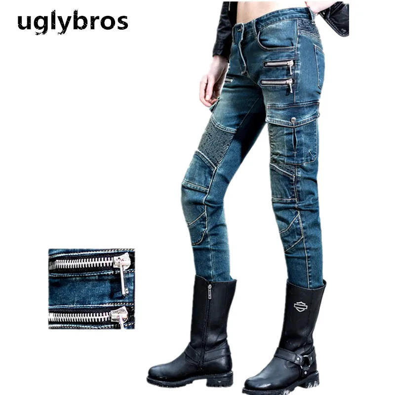 

Fashion straight blue jeans size 25 26 27 uglybros MOTORPOOL UBS11 jeans motorcycle protection pants women moto pants
