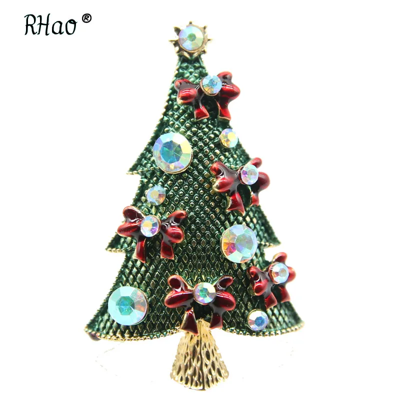 RHao, новинка, зеленые рождественские броши в виде дерева, красный бант, эмалированные булавки, унисекс, для женщин и мужчин, рождественское зимнее пальто, подарки, брошь, корсаж