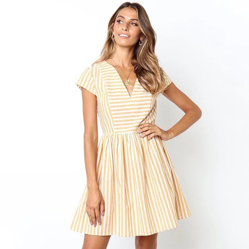 Trytree 2019 летнее осеннее платье повседневное Полосатое женское с v образным вырезом