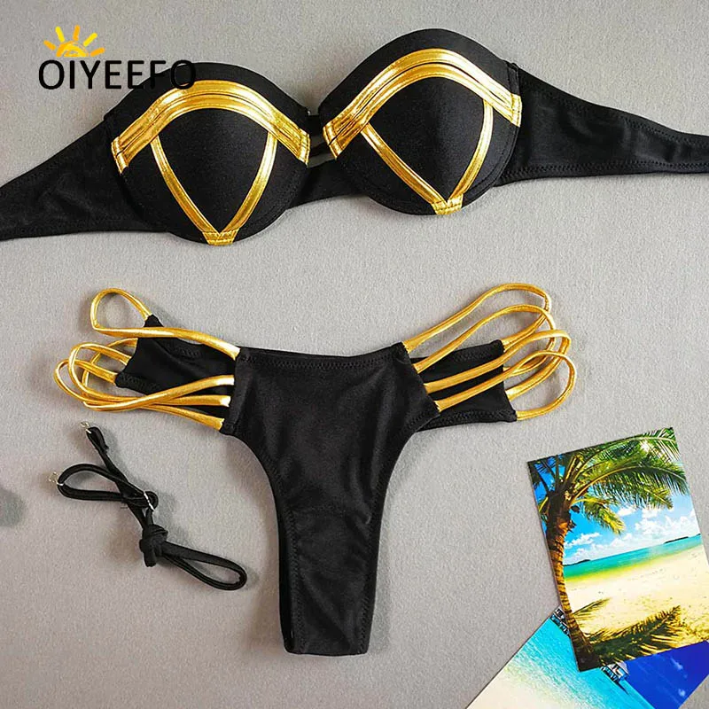 Oiyeefo Push Up Бикини Бразильский Блестящий Золотой Металлик лоскутное купальник Push-Up