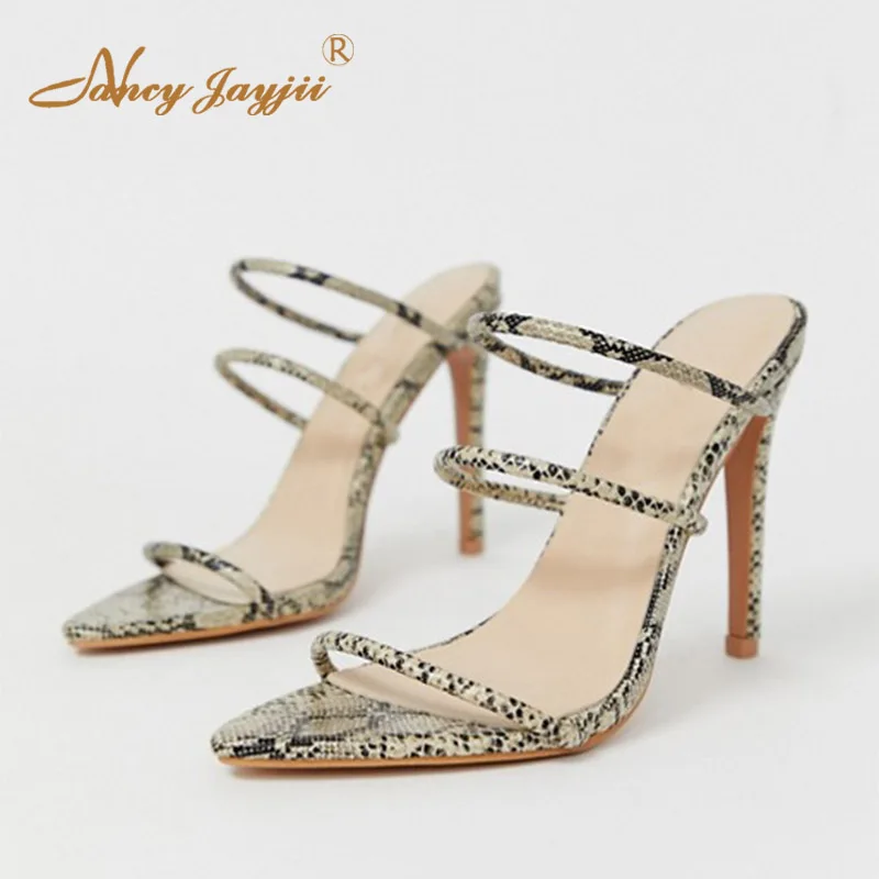 

Snake Pattern High Stilettos Sandals Woman Open Pointed Toe Thin Heels Large Size 13 15 For Ladies Summer Shoes Fashion Mature