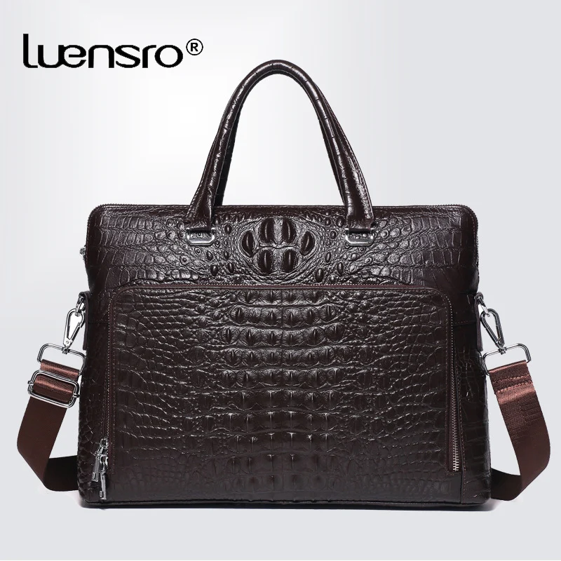 Real Cow Leather Men's Briefcase Luxury Crocodile Pattern Cowhide Male Shoulder Bag Commercial Business Bags | Багаж и сумки