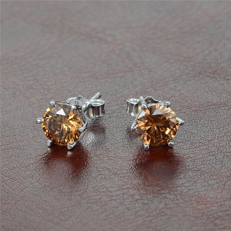 925 стерлингового серебра серьги для женщин оранжевый Большие Cz круглые гвоздики