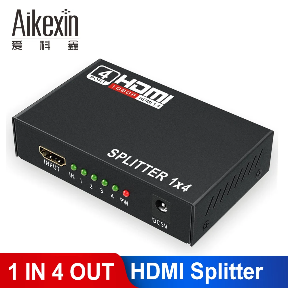 

Aikexin 1080P 4 Way HDMI Splitter 1x4 HDMI Distributor 1 In 4 Out Splitter Support Full HD 1080P 3D for HDTV DVD player PS4