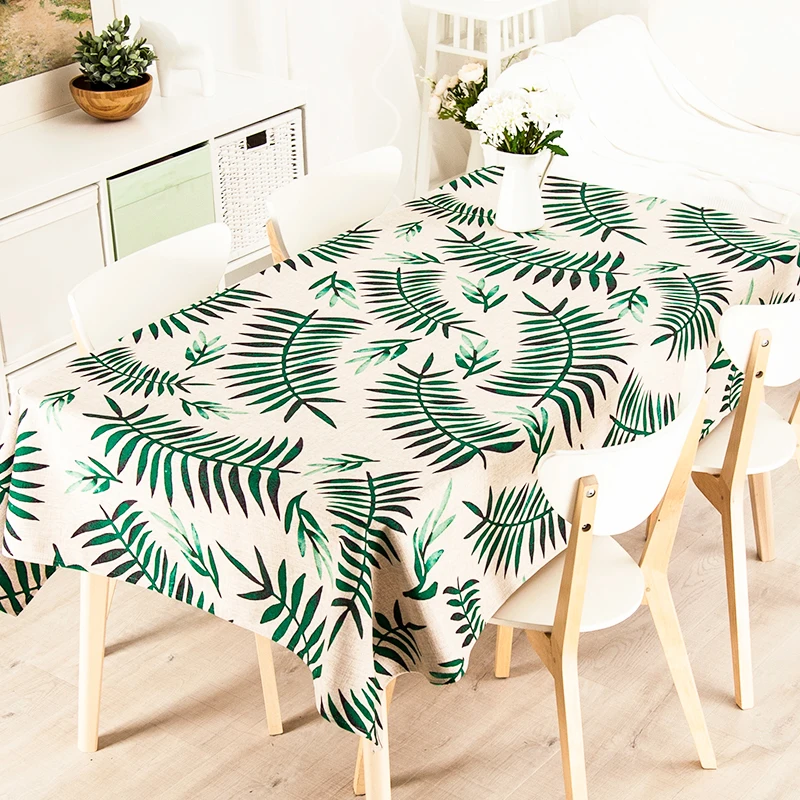 Декоративная льняная скатерть с зелеными листьями растений свадебная обеденная