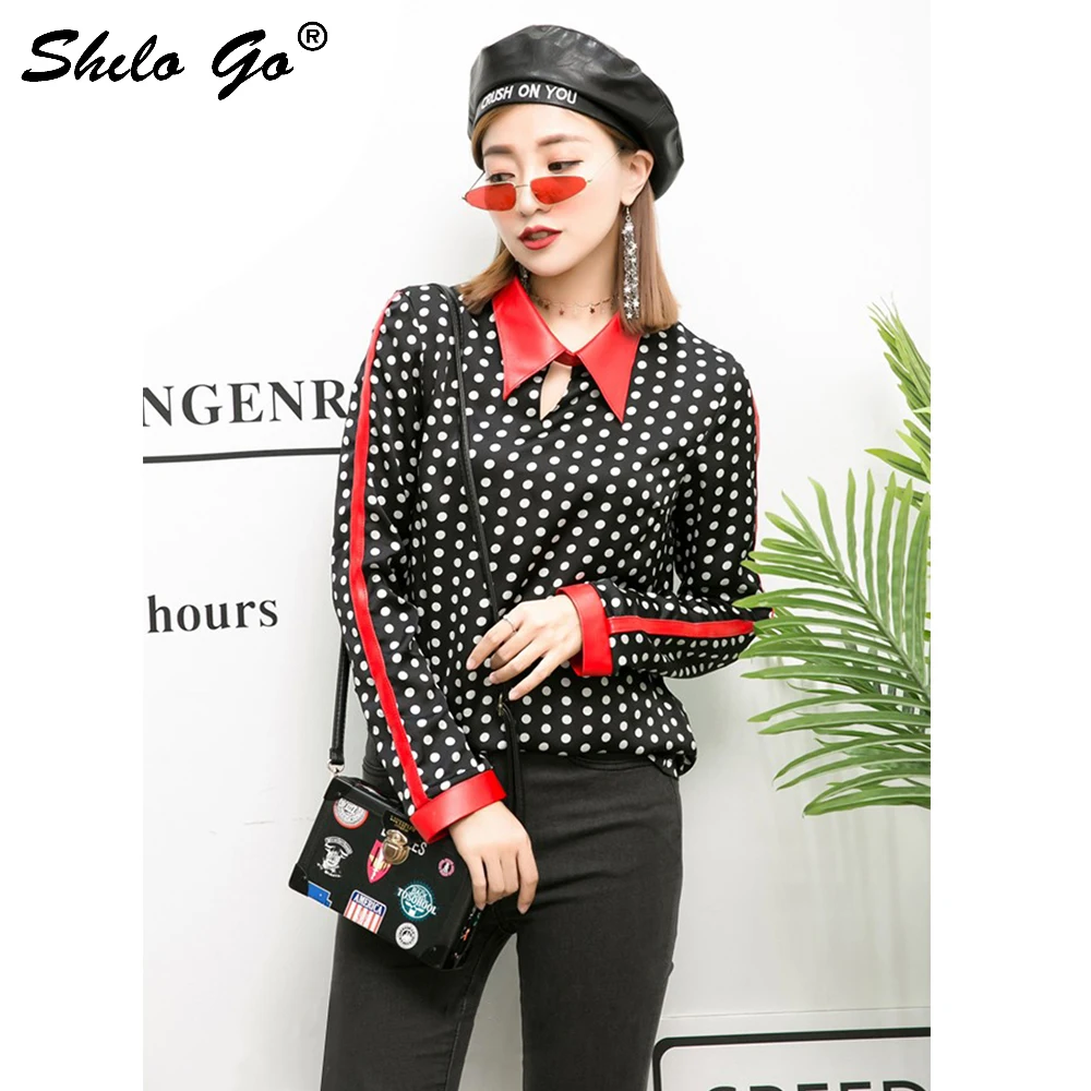 Женские кожаные блузки в горошек уличная одежда из натуральной овчины с длинным