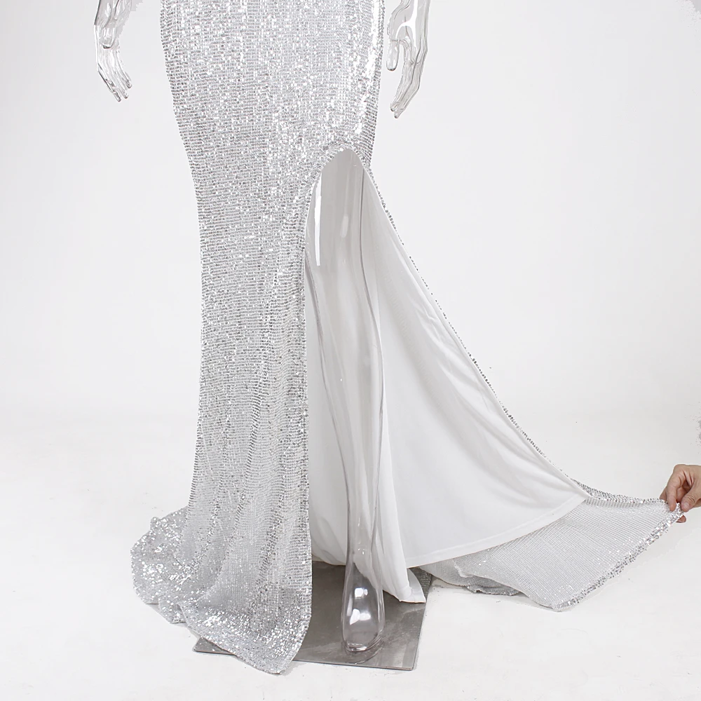 

Off The Shoulder Silver Sequined Maxi Dress Split Leg Slash Neck Padded Bodycon Floor Length Elegant Mermaid Dress Full Lining