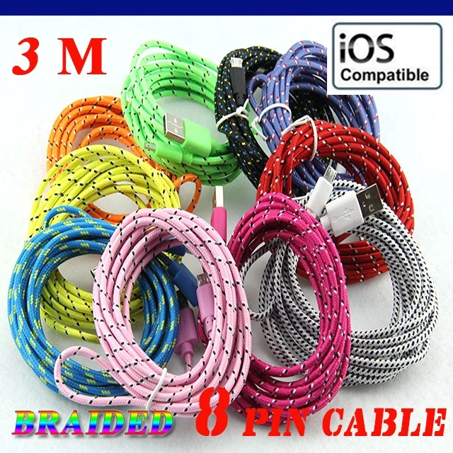 300pcs/lot 1M 2M 3M long Round Fabric Braided Rope 8pin Usb Charger Sync Data Phone Cable for iPhone XS Max XR X 8 7 6 Ipad | Электроника