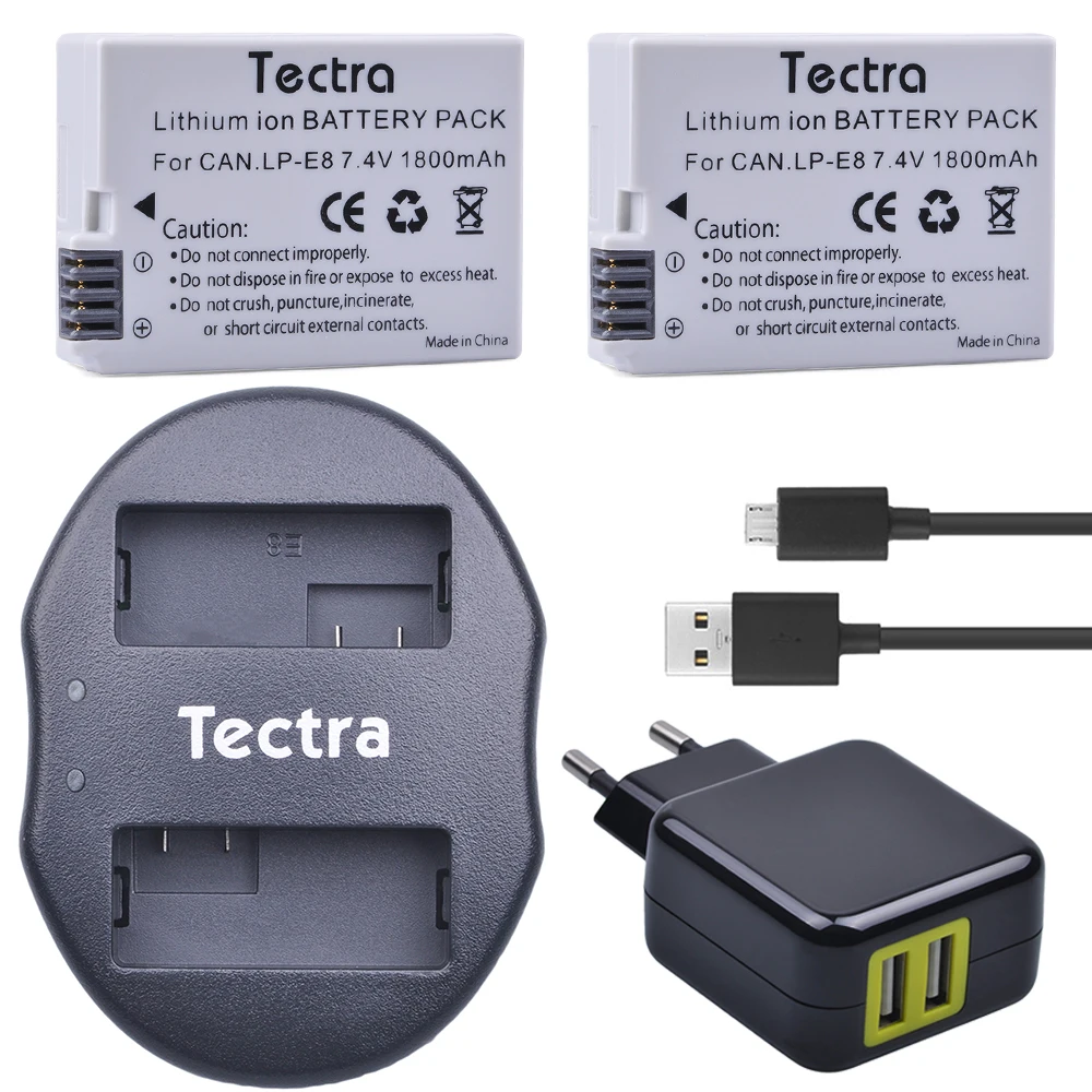 Tectra 2Pcs LP E8 LPE8 литий ионный аккумулятор + двойное зарядное устройство USB адаптер