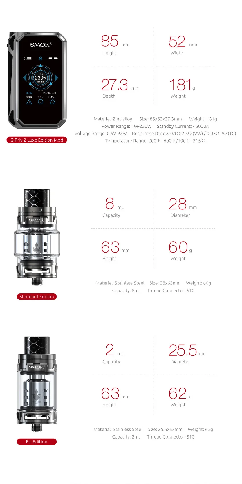 SMOK G-PRIV, 2 комплекта, роскошное издание, 230 Вт, G PRIV, 2 коробки, мод TFV12 Prince Tank, 8 мл, атомайзер Smok Vape VS SMOK MAG Kit X Priv