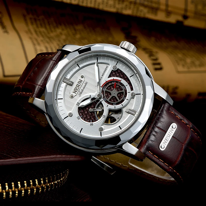 Швейцария Элитный бренд NESUN Скелет Tourbillon часы для мужчин Авто Self-Wind мужские 100 м