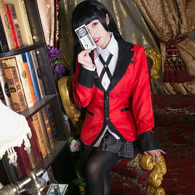 Популярные крутые костюмы для косплея, аниме Kakegurui Yumeko Jabami, японская школьная форма для девочек, полный комплект, куртка+ рубашка+ юбка+ чулки+ галстук