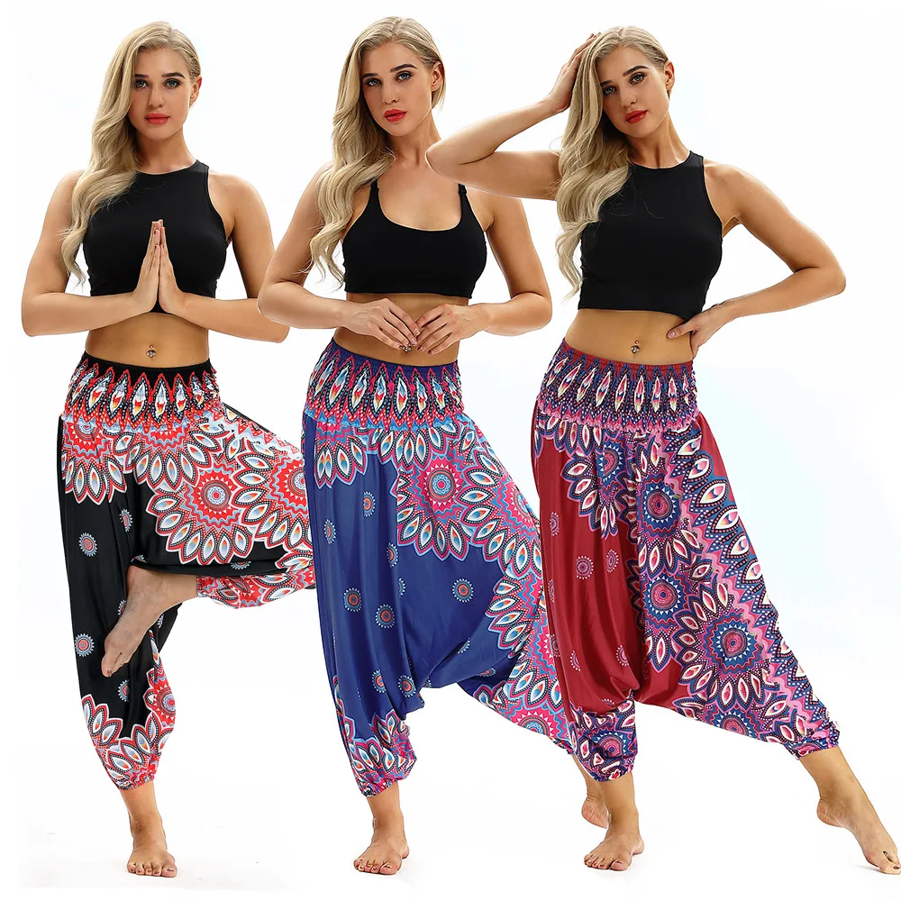 Новые женские повседневные свободные штаны для йоги широкие брюки Boho Aladdin Комбинезон гарем брюки с высокой талией спортивные брюки Одежда для женщин тренажерный зал