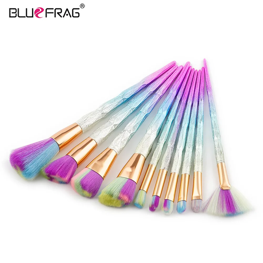 BLUEFRAG Mermaid Makeup Brushes 10pcs Professional Kit Contour Brush Eyeshadow Blending Brand Foundation Set | Красота и здоровье