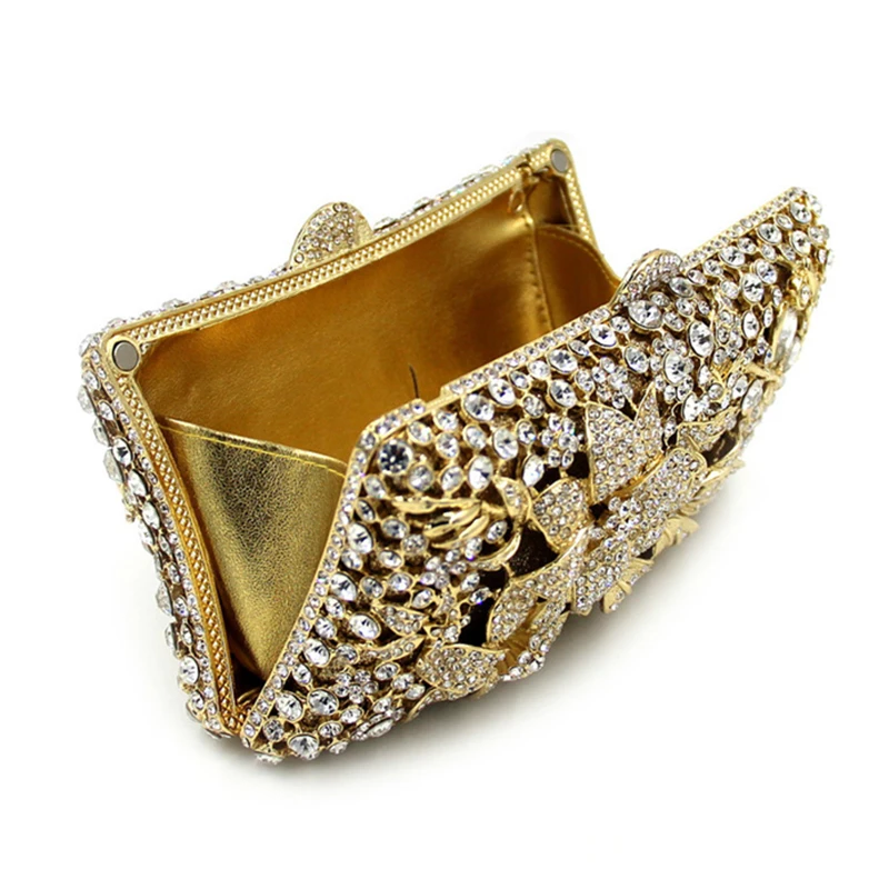 

XIYUAN BRAND White Crystal Clutch Bag Hollow Out Golden Metal Women Evening Clutches Bags Party Purse Wedding Shoulder Handbag