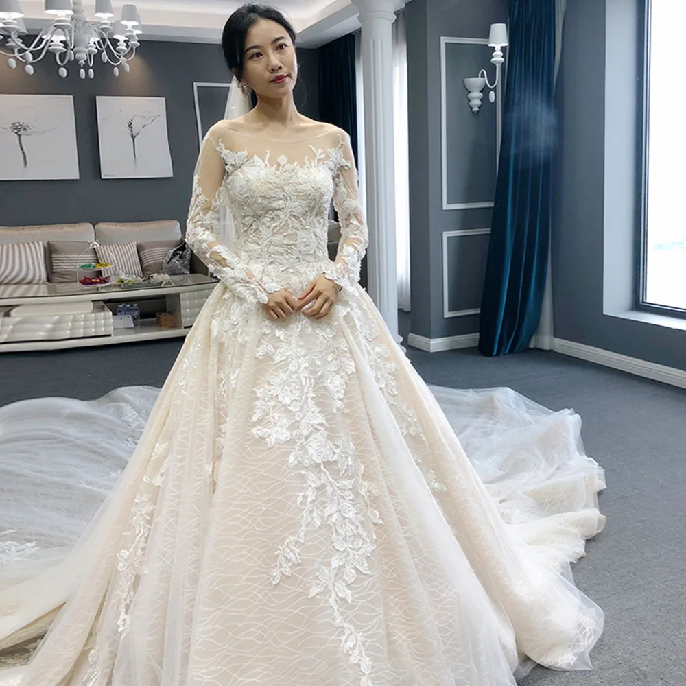 Кружево, широкие рукава Свадебное платье длинный шлейф Vestido De Noiva Princesa бисерные аппликации А-силуэта свадебное платье с изображением вуали
