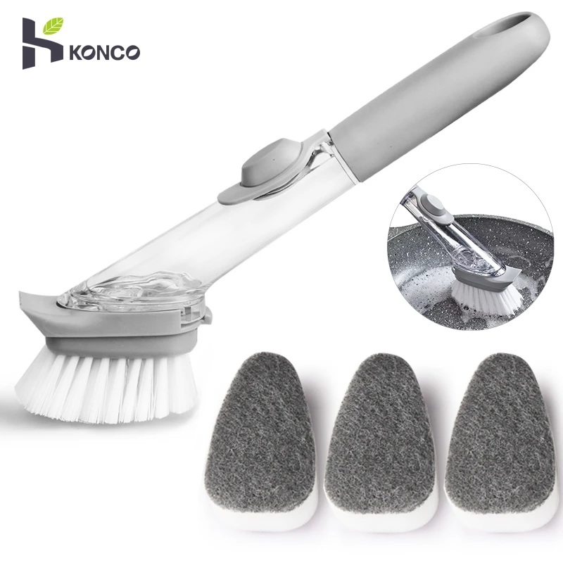 

KONCO Handheld Kitchen Cleaning Brush Set with Soap Container Dispenser, 4 Replaceable Soap Dispensing Sink Brush for Pan, Pot