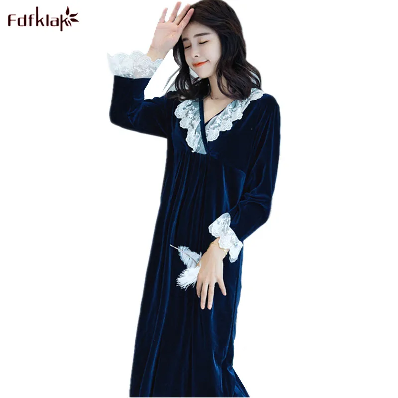 

Fdfklak Princess Nightgowns Women Long-sleeve Long Night Dress Gold Velvet Sexy Lace Nightshirt Female Casual Loose Sleepwear