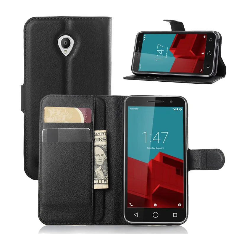 Роскошный кожаный чехол бумажник с текстурой личи твердой функцией подставки и