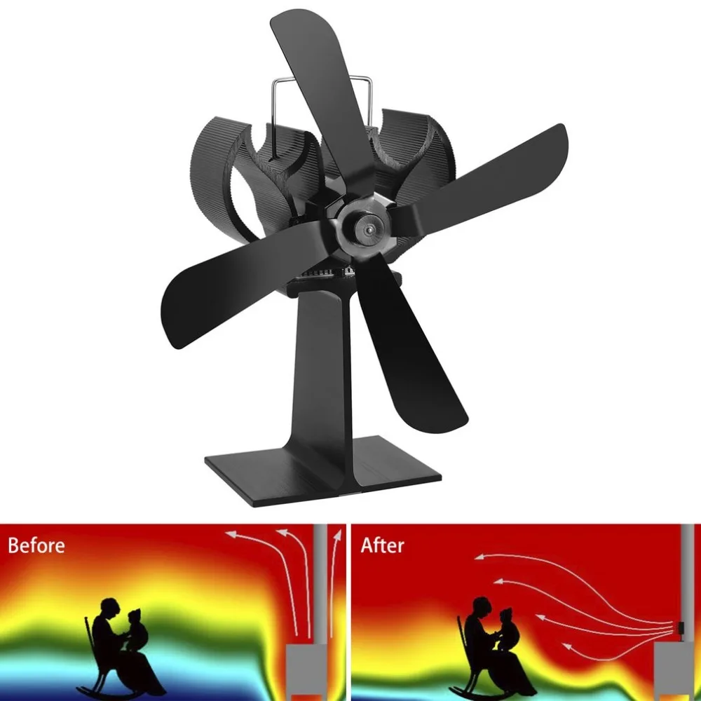 Черный с тепловым питанием 4 лопасти плита вентилятор бревенчатый камин