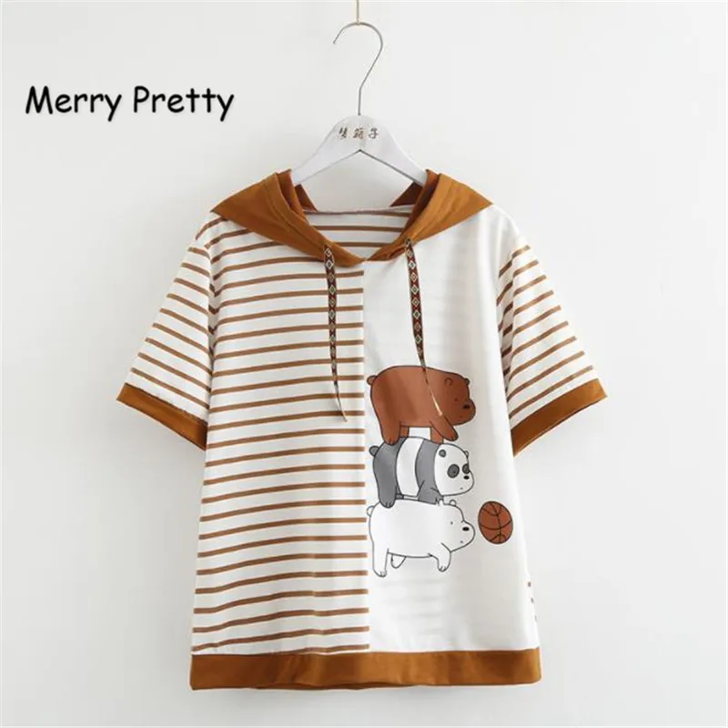 Многоцветный Merry Pretty летняя футболка для женщин милый стиль Пеппи кавайный мультяшный медведь печатных с капюшоном короткий рукав полосатая футболка повседневные топы - Цвет: Многоцветный