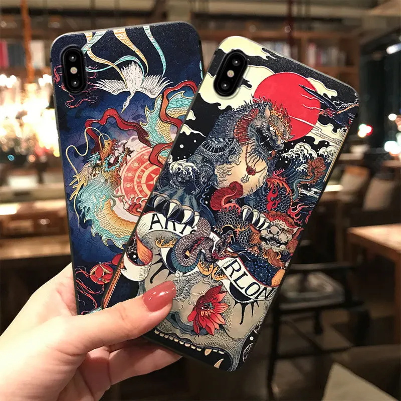 Аниме Дракон телефон Fundas для iphone XR X 11 pro max чехол 3D Koi Luck Emboss Coque для iphone 7 8 6 6s Plus XS MAX силиконовый чехол